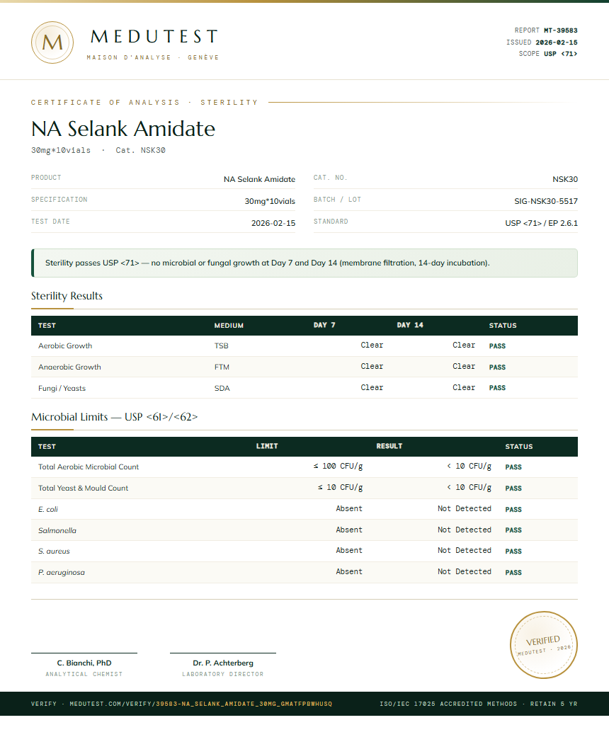 NA Selank Amidate Sterility report by Medutest