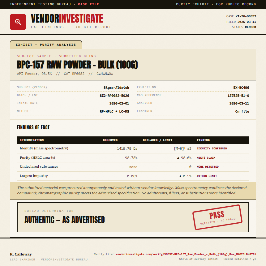 BPC-157 Raw Powder - Bulk (100g) Purity (HPLC) report by VendorInvestigate