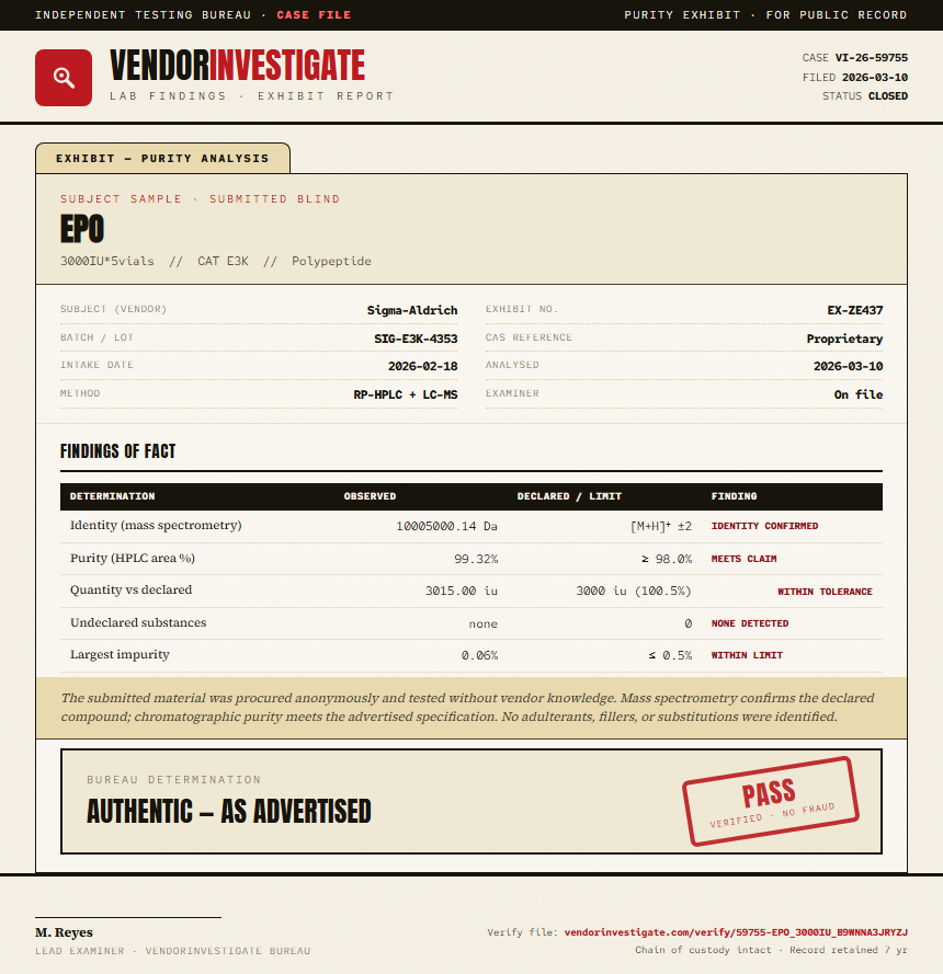 EPO Purity (HPLC) report by VendorInvestigate