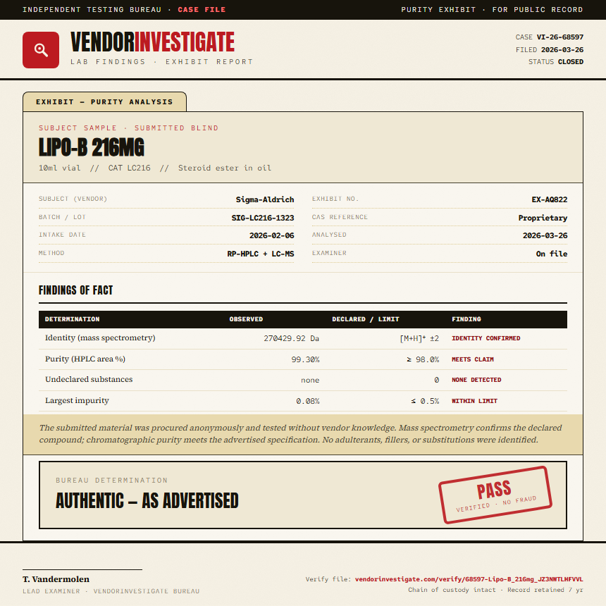 Lipo-B 216mg Purity (HPLC) report by VendorInvestigate