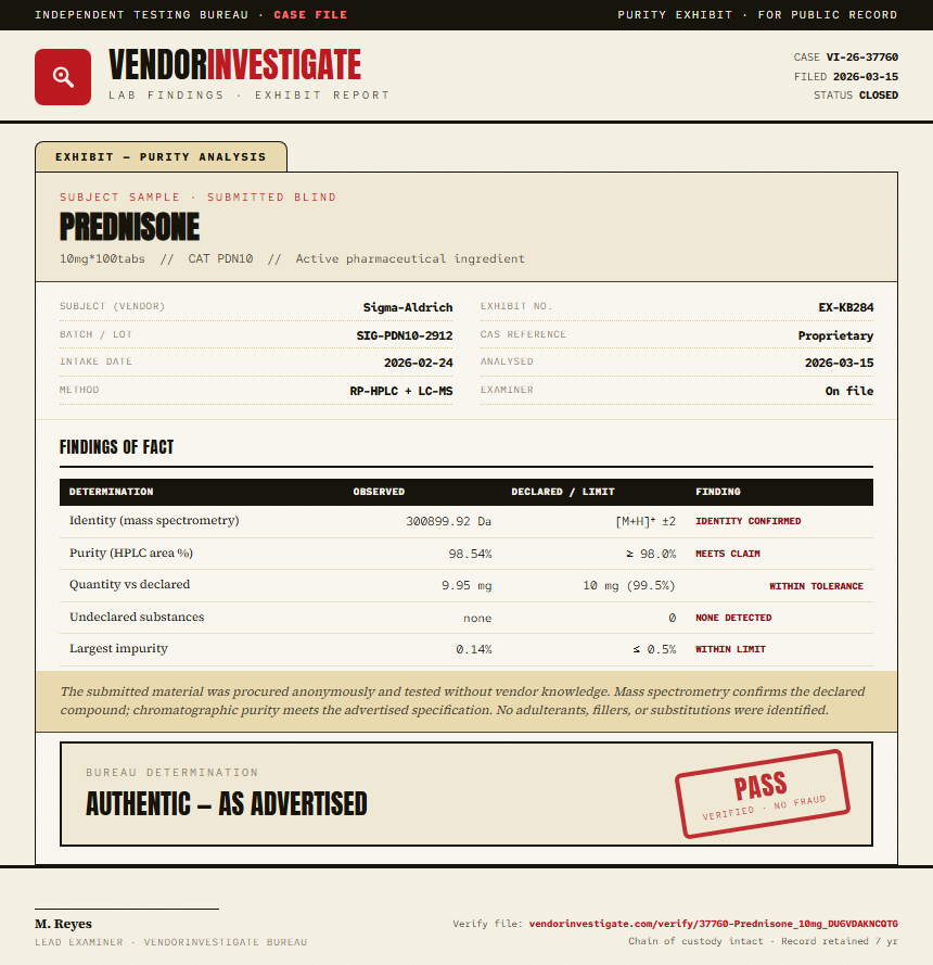 Prednisone Purity (HPLC) report by VendorInvestigate