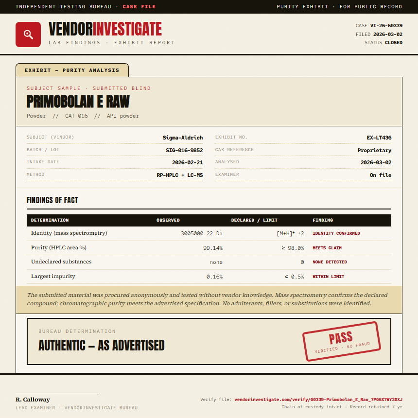 Primobolan E Raw Purity (HPLC) report by VendorInvestigate