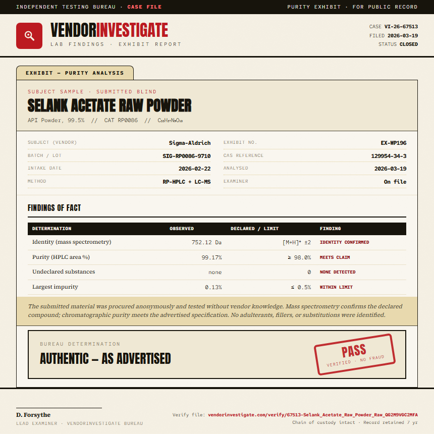 Selank Acetate Raw Powder Purity (HPLC) report by VendorInvestigate