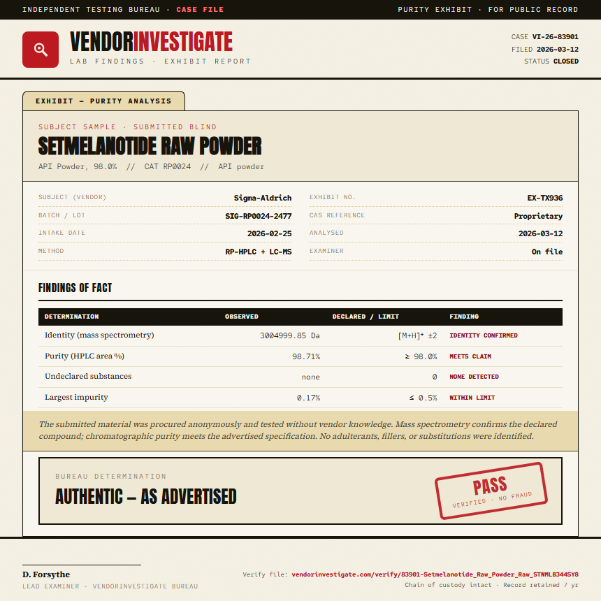 Setmelanotide Raw Powder Purity (HPLC) report by VendorInvestigate