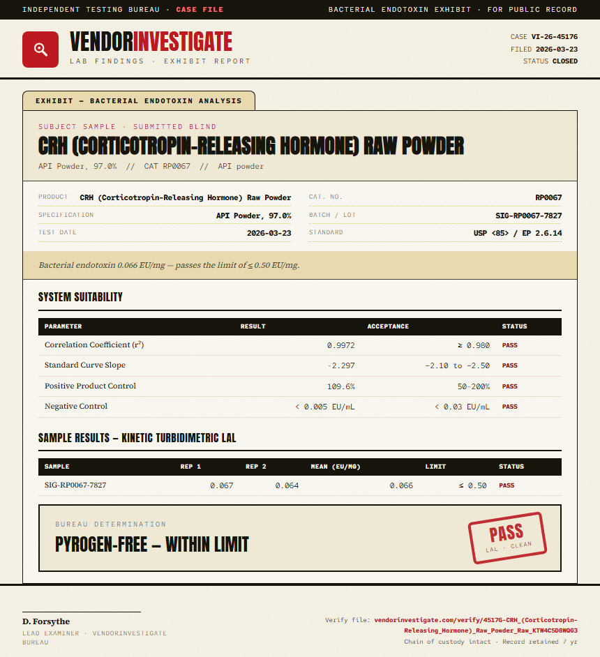 CRH (Corticotropin-Releasing Hormone) Raw Powder Endotoxin report by VendorInvestigate